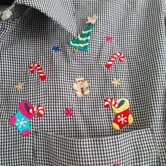 Karen Scott Embroidered Christmas Shirt Black White Gingham Check Snowman Large - Picture 4 of 8